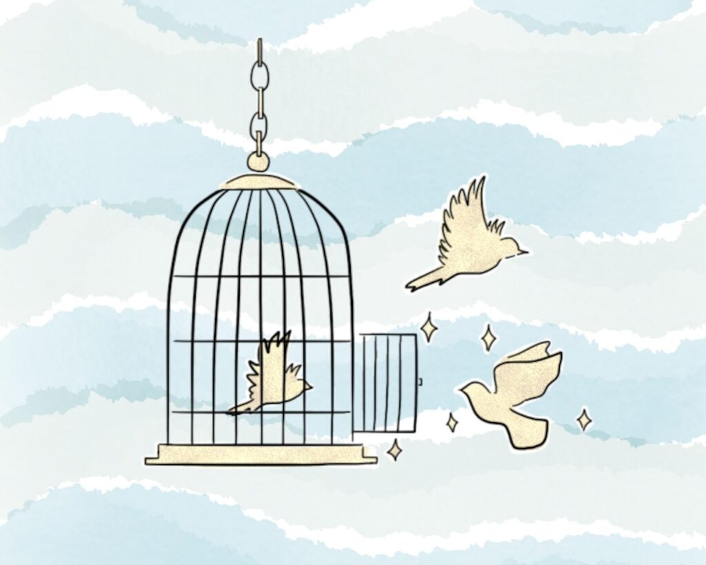 birds, birdcage, christianity, freedom, trapped, nature, support, empowerment, empowered, hope, mental health, cage, minimalist, hand drawn, holy spirit, set free